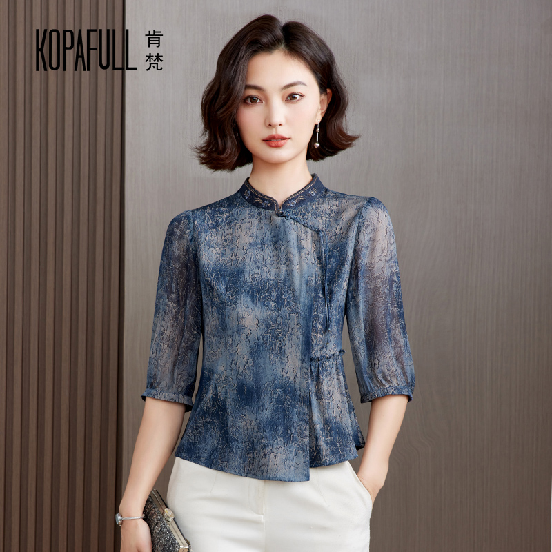 修身复古套头中袖真丝衬衫女