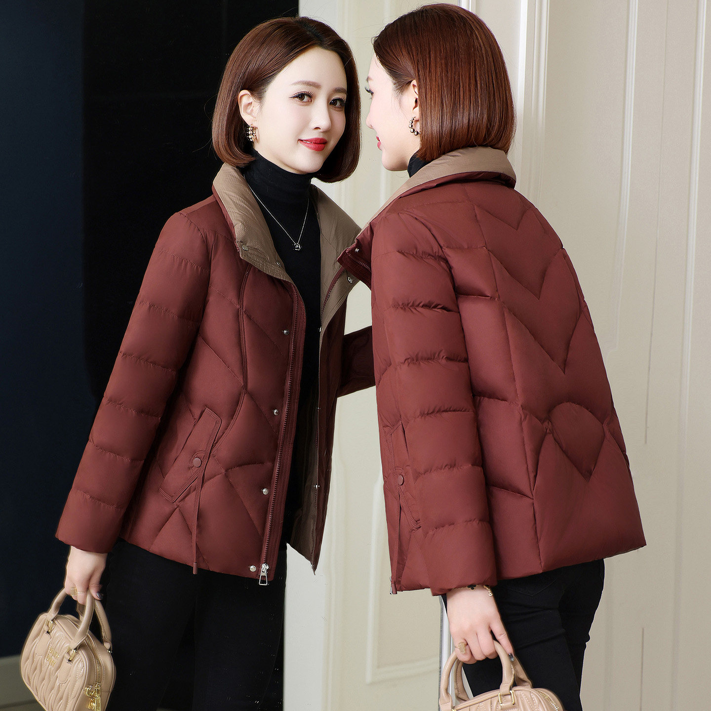 加厚短款羽绒服女时尚小个子妈妈装高端立领白鸭绒保暖外套2025冬