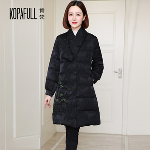 2025冬复古盘扣羽绒服女中长款品牌妈妈装V领国风加厚白鹅绒外套