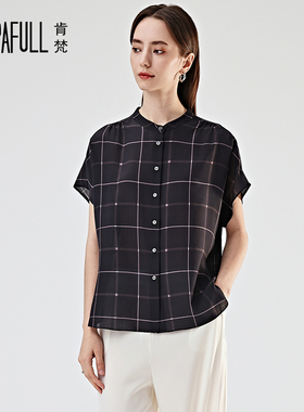 2025夏重磅双绉真丝衬衫女短袖大码立领桑蚕丝上衣OL通勤格子衬衣