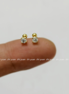 超闪耳钉925纯银镀14k金四爪锆石3 4mm耳骨钉睡觉免摘螺丝拧扣女