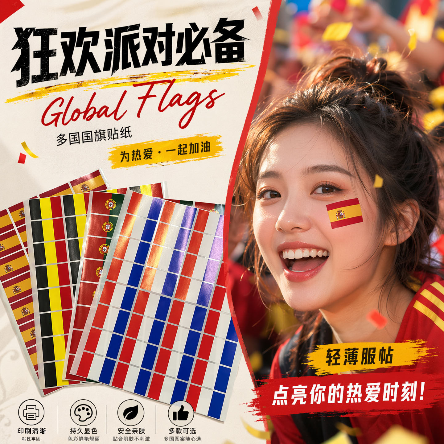 2026美加墨世界杯国旗脸贴纸48强运动会球迷酒吧加油助威装饰贴画