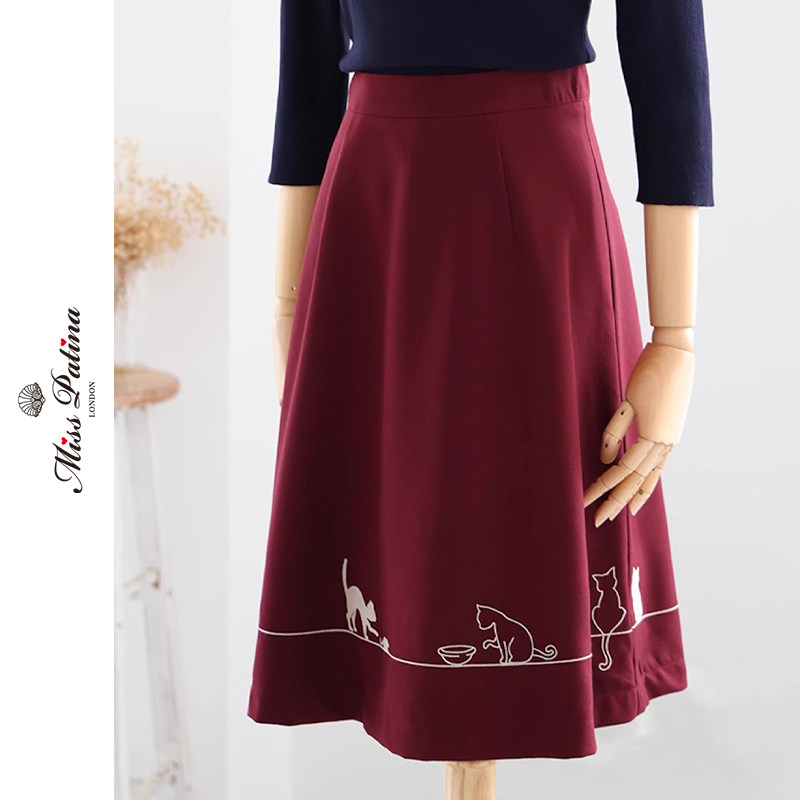 圣诞新年A字裙英伦呢子猫咪刺绣