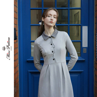 MP英伦复古原创设计 学院风精致侧脸猫刺绣连衣裙知性气质修身