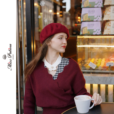 MP勃艮第红贝壳花边V领长袖毛衣