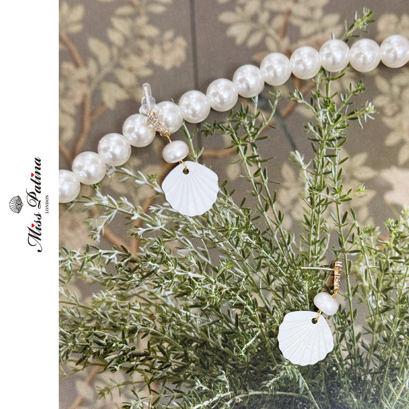 MP复古天然珍珠贝壳皓石纯银耳钉耳环