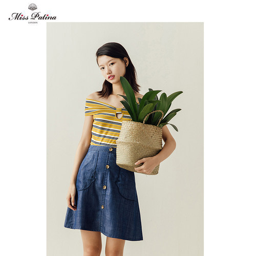 一字肩英伦复古夏季修身显瘦