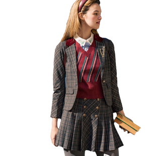 MP复古原创设计奇尔顿jk学院风格纹双排扣百褶迷你A字半裙秋新品