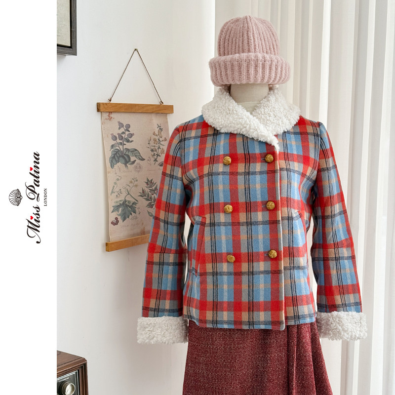 MP英伦复古原创设计 羊羔毛领格子双排扣毛呢短款外套+针织帽套装,女装/女士精品,短外套,淘宝优惠券,粉丝福利购,淘宝优惠卷