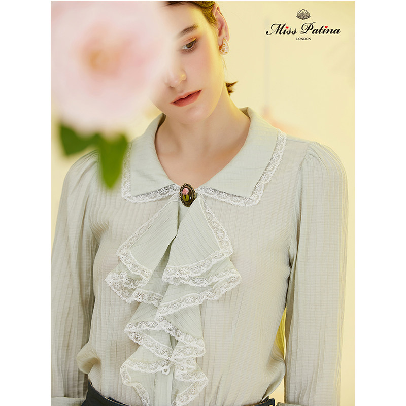 mp英伦复古原创 洛可可棕榈梦 古典荷叶边领巾衬衫通勤知性显瘦