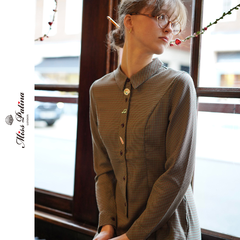 MP格子长袖衬衫裙猫咪格纹针织衫