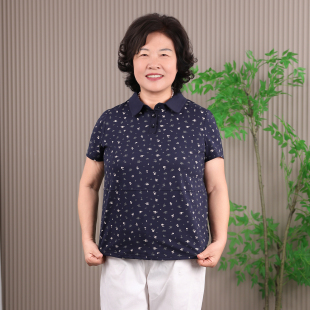 中老年妈妈夏装Polo衫短袖宽松大码T恤藏青色民族风碎花翻领上衣