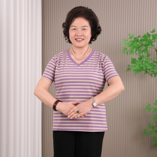 妈妈夏装2026新款短袖纯棉大码条纹t恤中老年女装宽松休闲上衣v领