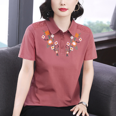 夏季新款纯棉刺绣T恤衫中年妈妈宽松短袖翻领上衣女装减龄POLO衫
