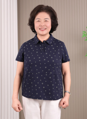 老年人夏装女棉质衬衫领碎花上衣