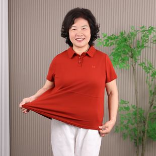 中老年妈妈夏装短袖t恤女桔红色polo衫加肥大码宽松翻领刺绣上衣