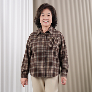 2026秋冬磨毛休闲格子衬衫女中老年妈妈春秋大码宽松翻领衬衣外套