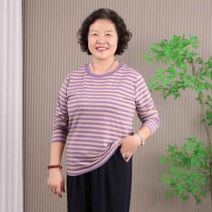 中老年人女装妈妈宽松加肥加大码纯棉长袖t恤女春秋款条纹打底衫