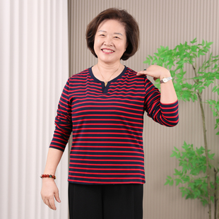 中老年妈妈纯棉长袖 宽松大码 遮肚显瘦打底衫 条纹上衣 t恤春秋新款