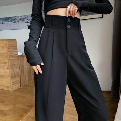 Black Suit Pants for Women Korean 2 Buttons Wide Leg Trouser