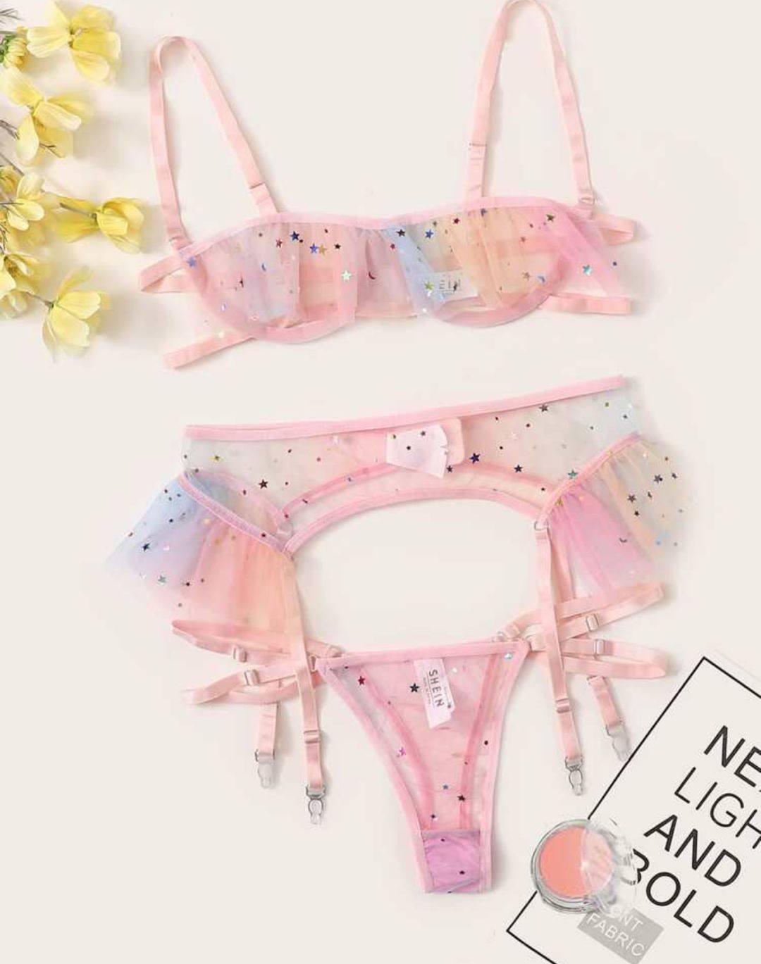 women's pink mesh starry sky pattern underwear set
