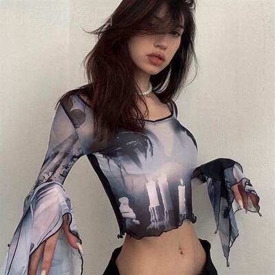 Sexy short printed long sleeve top T-shirt辣妹短款辣妹T恤