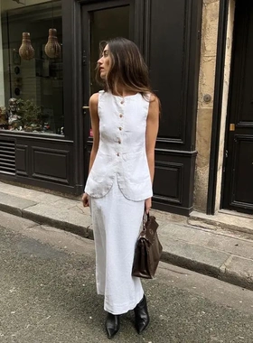 White Square Leader Vest High Waist Half Skirt Premium Set F