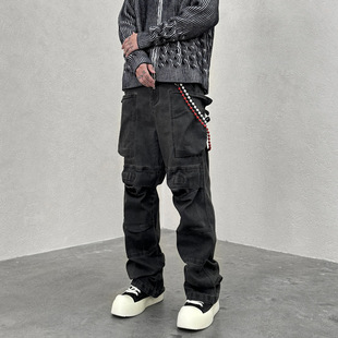 2025高街美式街头直筒口袋脏洗做旧工装裤男说唱休闲RO牛仔裤子