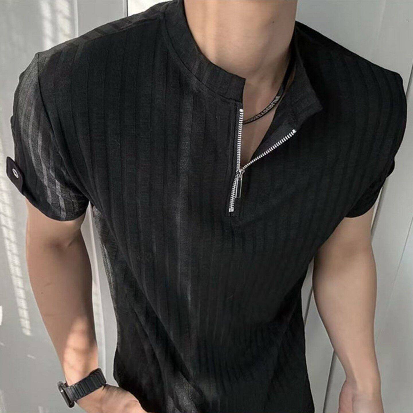 老钱风半拉链短袖男夏季薄款修身防晒透气POLO衫T恤男士条纹上衣
