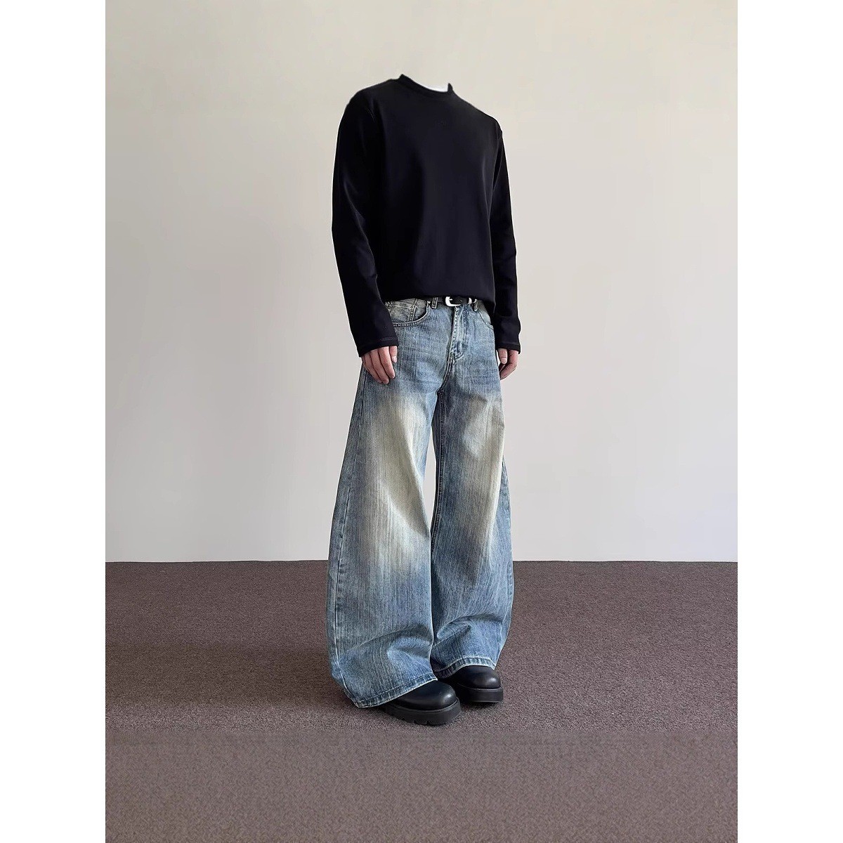 2025新款春秋季美式高街cleanfit竹节做旧弯刀牛仔裤女直筒微喇廓