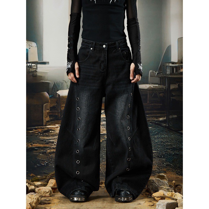 暗黑风金属环镂空设计感牛仔裤男小众潮牌宽松休闲百搭阔腿弯刀裤