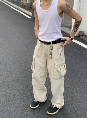 RonnShop日系美式复古宽松大口袋阔腿休闲工装裤嘻哈街头hiphop裤