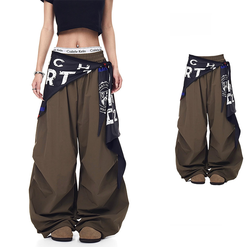 美式复古撞色屁帘工装休闲裤女2025夏季新款宽松显瘦弯刀裤阔腿裤