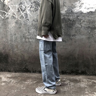 黑衣 oldschool复古水洗口袋宽松牛仔裤男直筒嘻哈老爹阔腿长裤潮