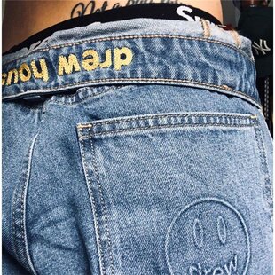 现货比伯同款 drew笑脸破洞牛仔裤情侣宽松休闲贴布高街Ins长裤男