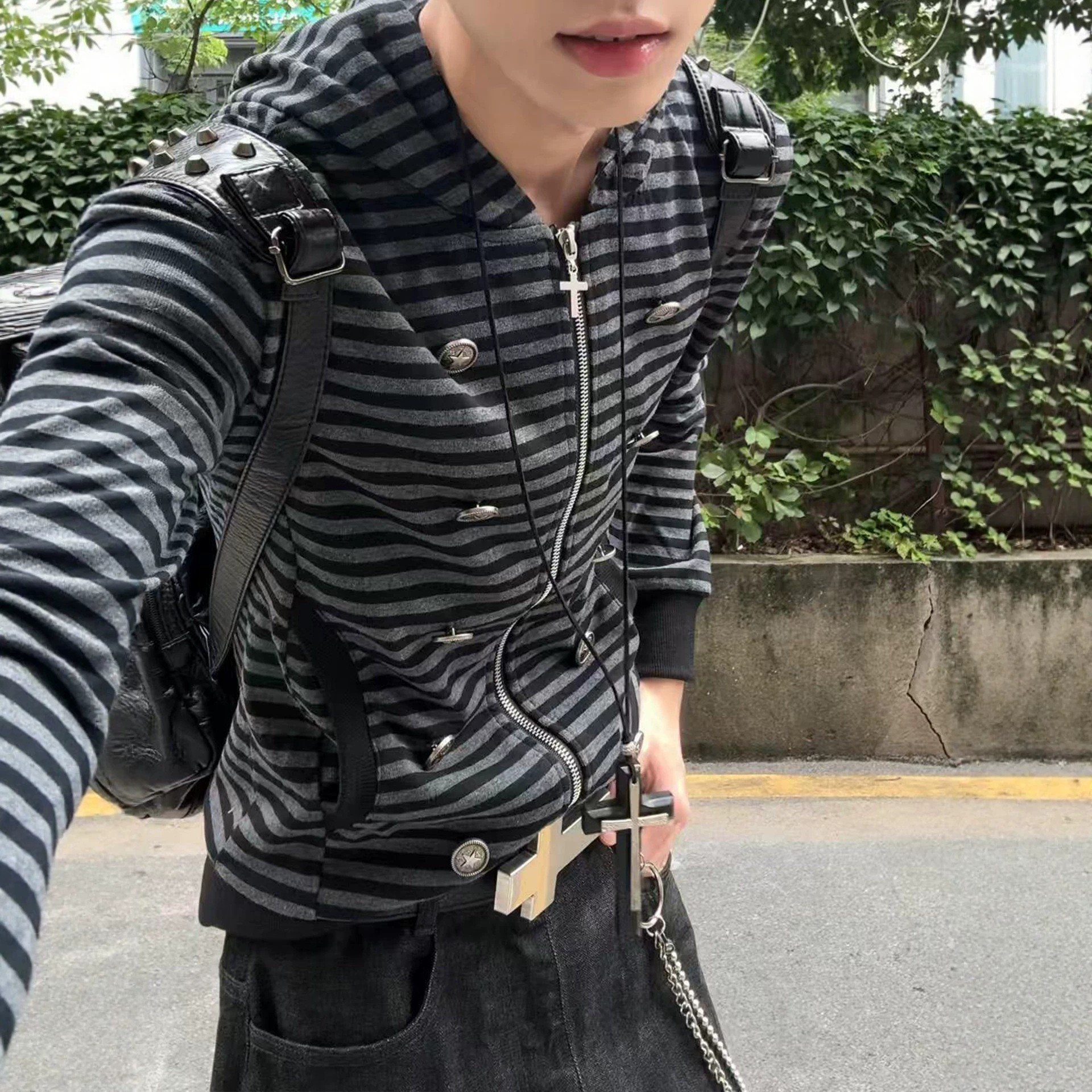 双排扣条纹拉链连帽卫衣男女早秋季街头感轻亚风修身哥特暗黑外套
