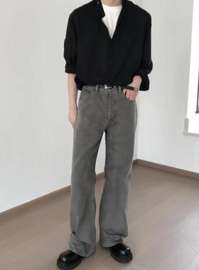 自主AC风格2021m版型牛仔裤水洗做旧烟灰色直筒微喇长裤Cleanfit