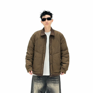 潮牌条绒翻领拼接轻薄工装羽绒服男2025冬季宽松休闲保暖鸭绒外套