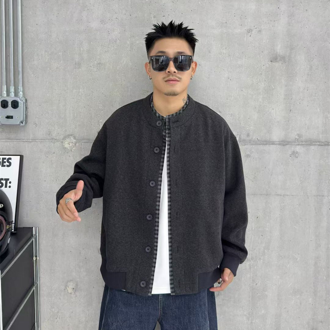潮牌格子拼接假两件立领毛呢外套男2025秋季宽松休闲青年呢子夹克