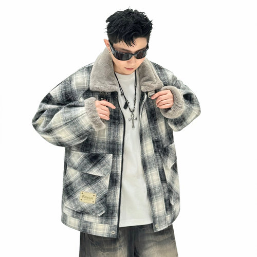 潮牌美式格子加绒翻领工装棉衣男