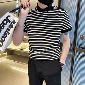 2025夏季新款男士商务翻领Polo衫时尚条纹短袖t恤男C203-8863-P58图片