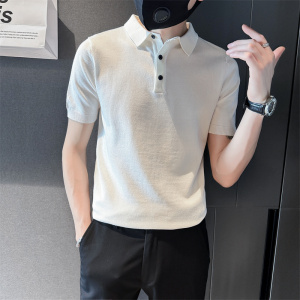 夏季男士修身纯色针织衫半袖黑色t恤翻领Polo衫C203-8866-特P48