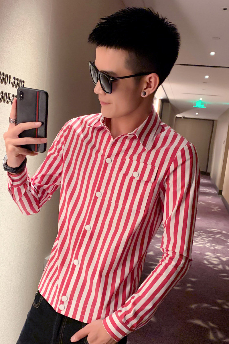 社会小伙新款修身男士夹克韩版条纹印花外套衬衫C203-1003P75控99,男装夹克,电商C208