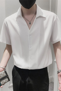 社会小伙夏季纯色休闲短袖衬衫青春流行男士V领上衣C203-8820-P58图片