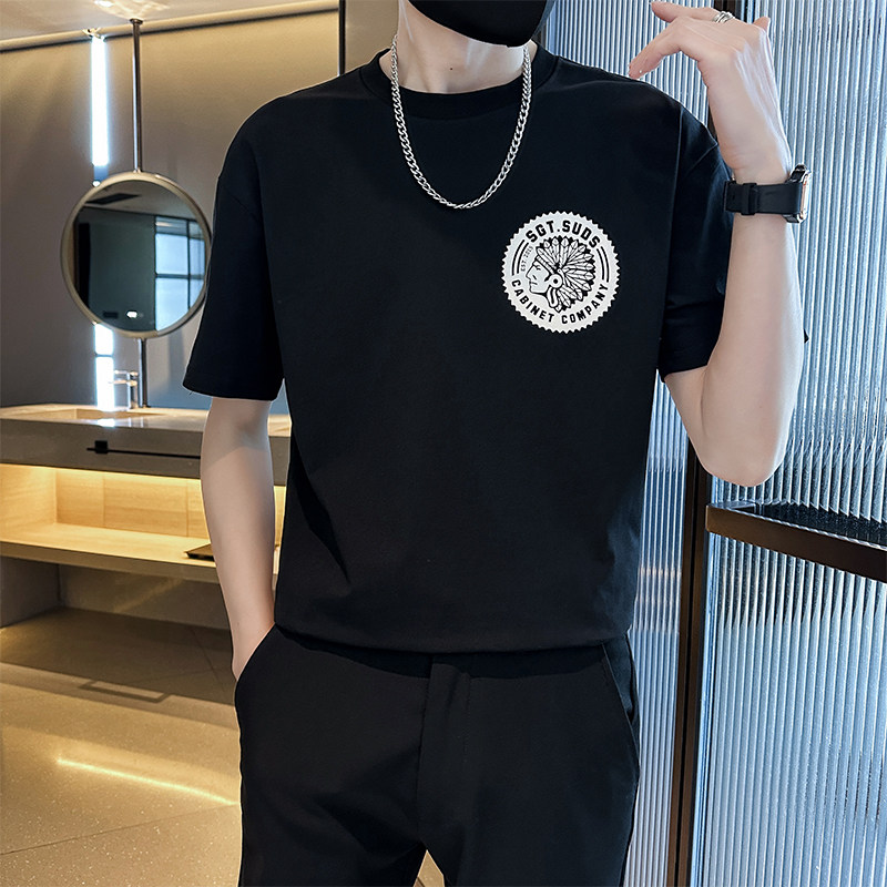 青少年学生夏季短袖潮牌印花t恤蓝色半袖圆领体恤C208-8880-特P38,男装T恤,电商C208