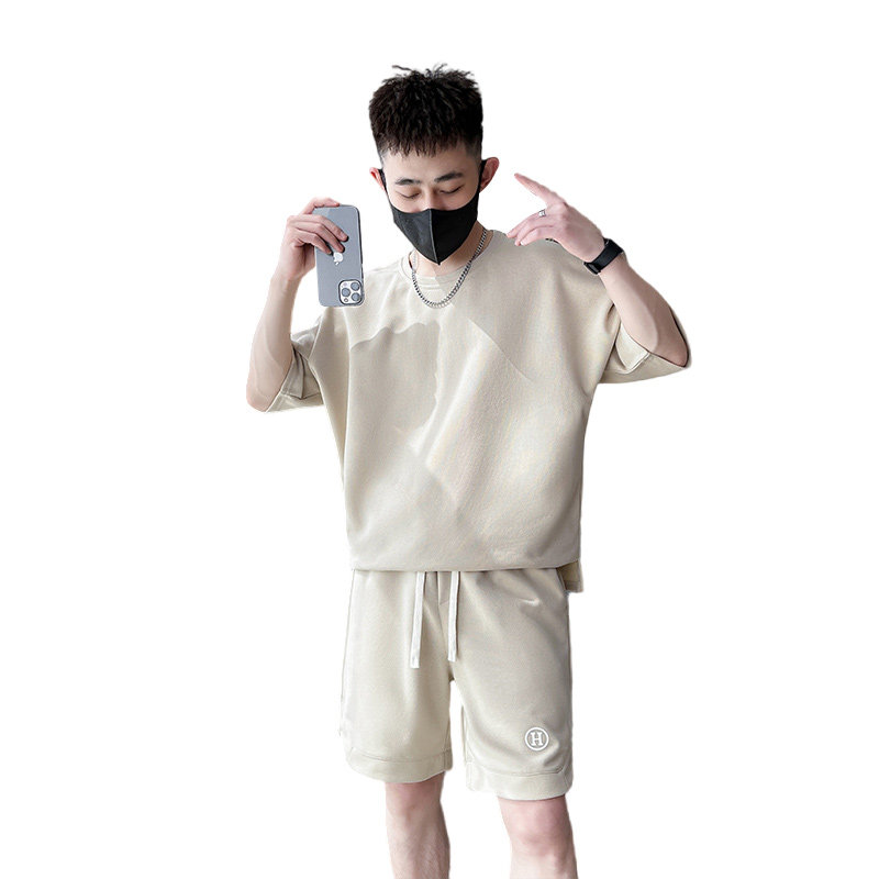 社会小伙夏季男士短袖短裤两件套纯色休闲套装男C208-8882-P88,男装牛仔裤,电商C208