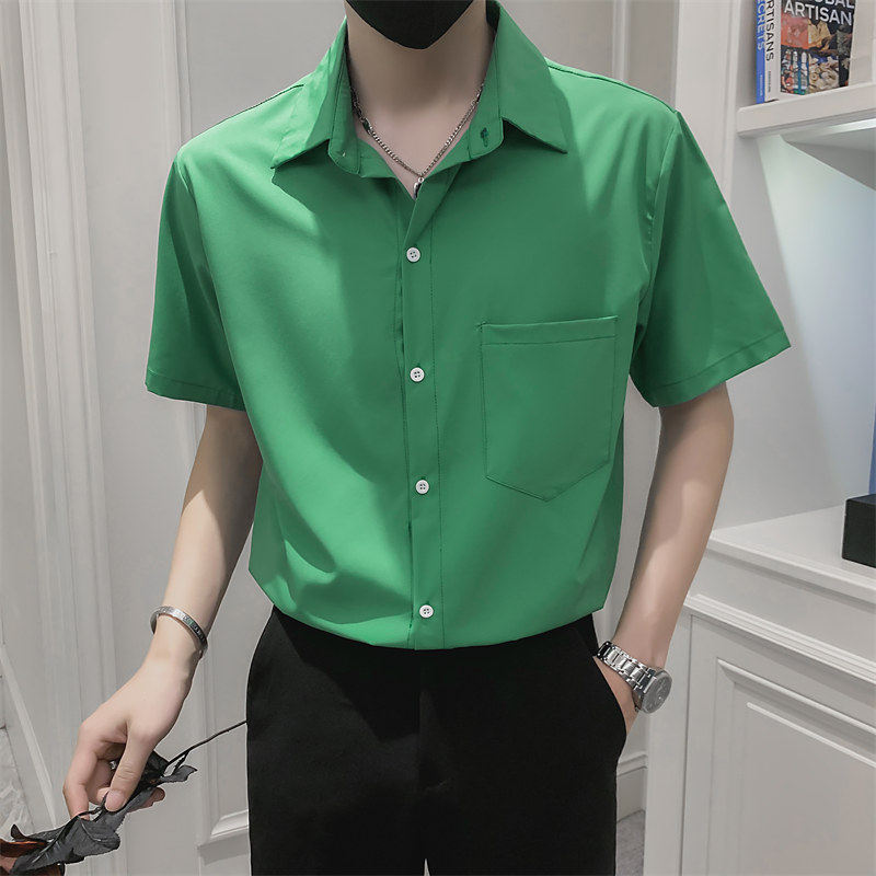 社会小伙夏季薄款纯色尖领衬衫青年流行男士绿色短袖上衣8821-P58，男装T恤，电商C208