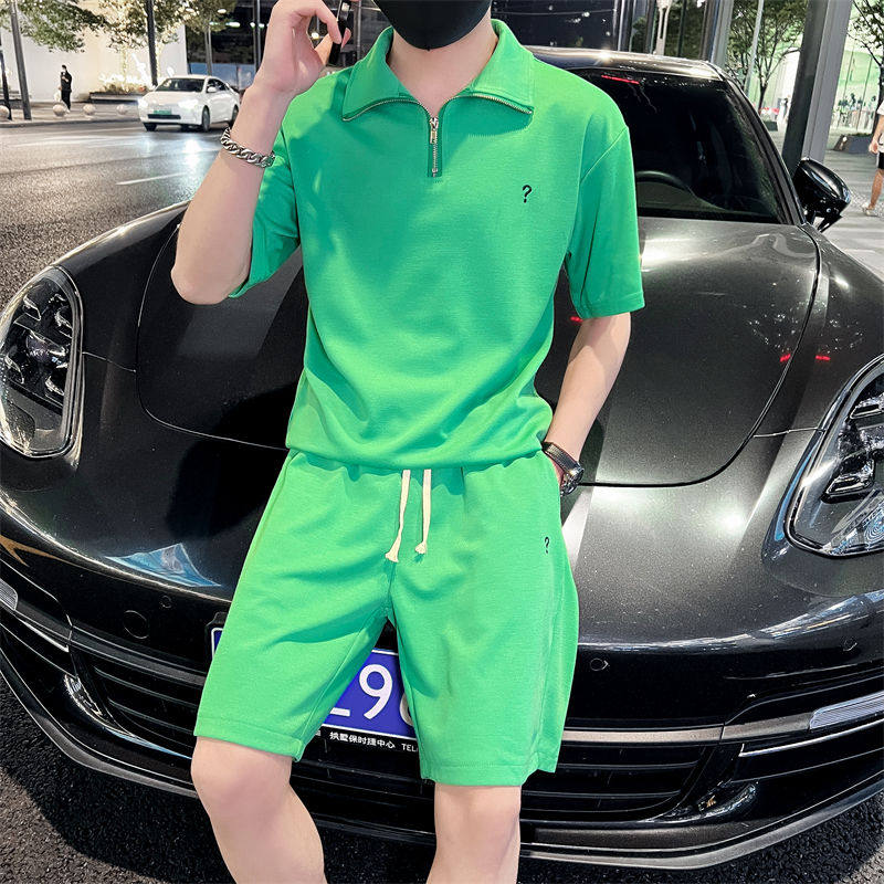 2025夏季新款男士套装短袖T恤五分裤纯色修身两件套C203-6695-P88，男装牛仔裤，电商C208