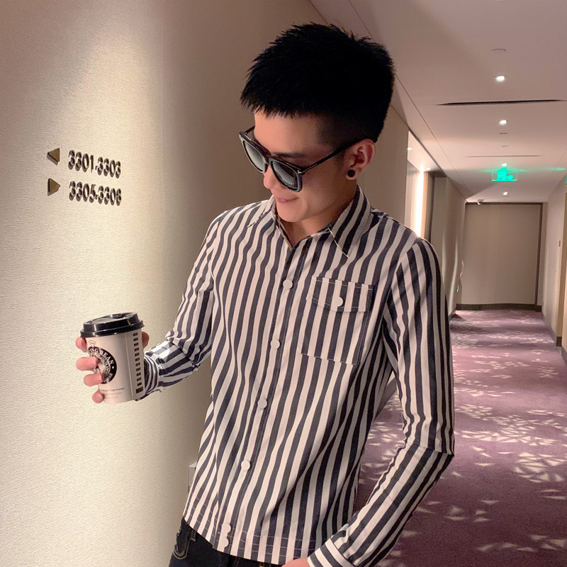 社会小伙新款修身男士夹克韩版条纹印花外套衬衫C203-1003P75控99,男装夹克,电商C208