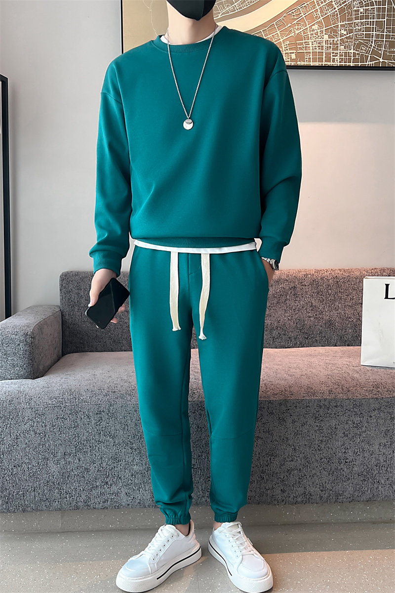 冬季青年男生潮牌卫衣卫裤套装纯色休闲套头两件套C203-6723R-P98,男装休闲裤,电商C208